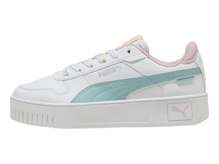 Tenis PUMA blancos con detalles en color menta y rosa y suela de plataforma.
