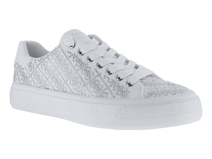 Tenis blancos Guess con detalles brillantes en la parte superior y suela blanca.