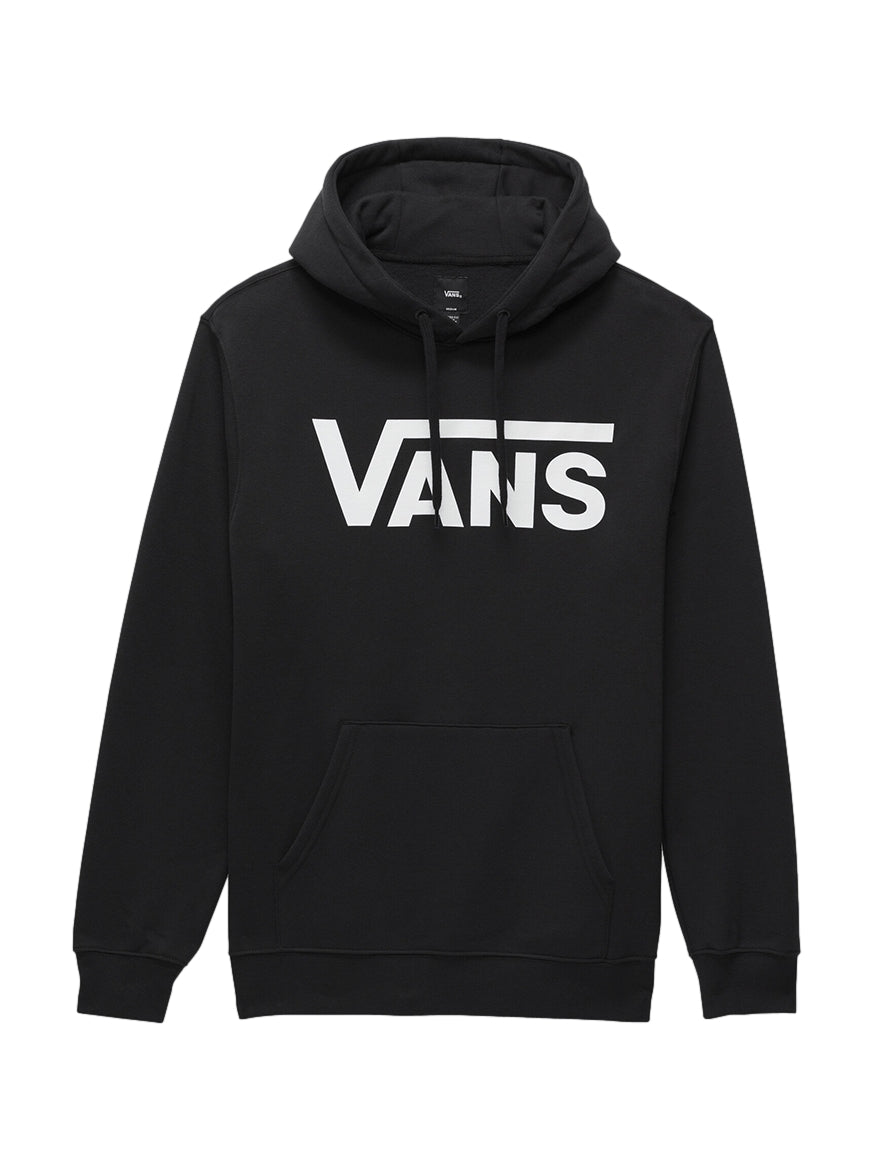 Hombre vistiendo una sudadera con capucha color negro con el logotipo de VANS en blanco en el pecho.