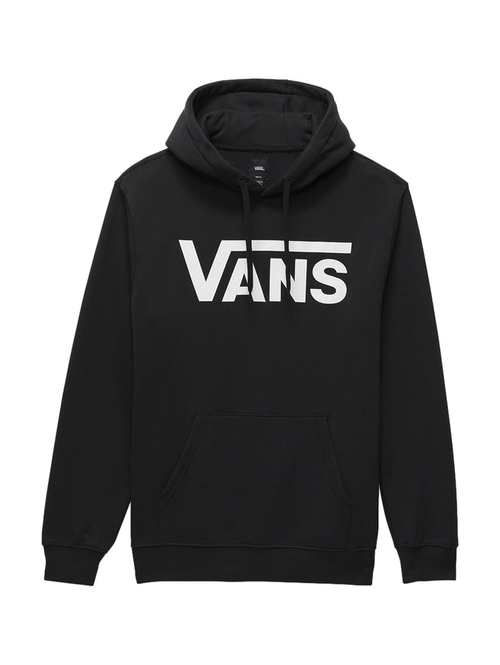 Hombre vistiendo una sudadera con capucha color negro con el logotipo de VANS en blanco en el pecho.