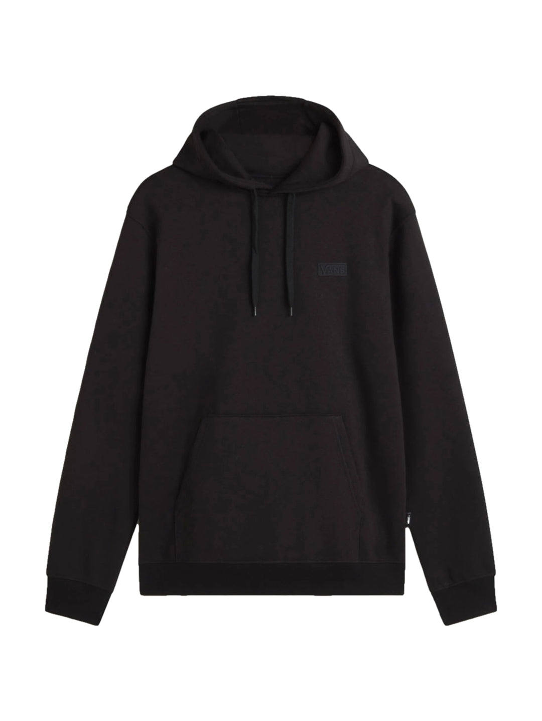 Hombre vistiendo una sudadera con capucha color negro de la marca Vans con bolsillo frontal.