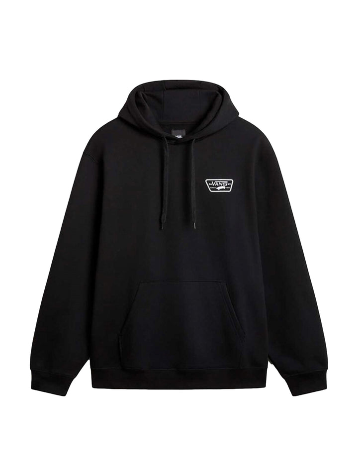 Sudadera con capucha color negro de la marca Vans con bolsillo frontal y parche en el pecho.