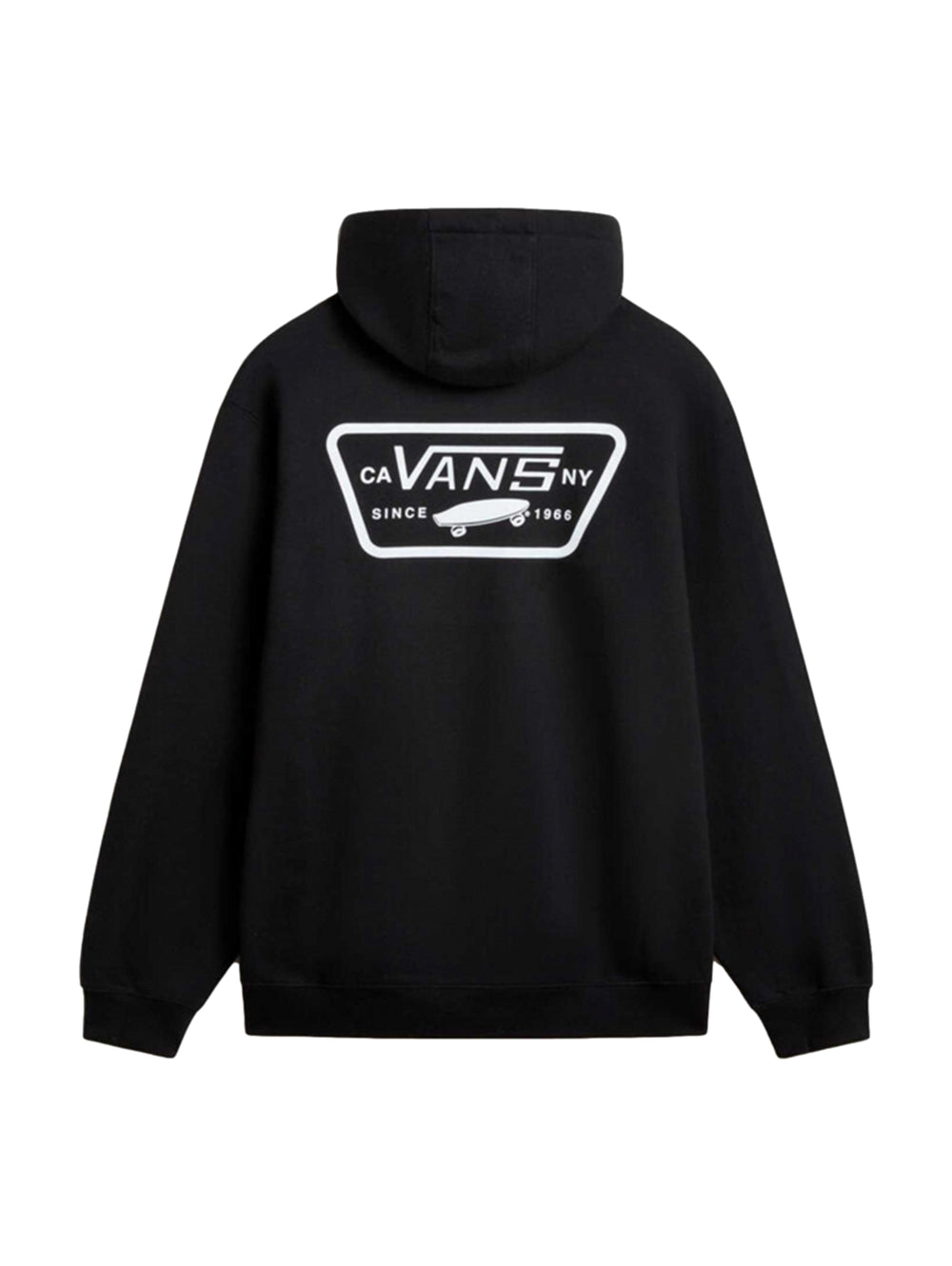 Sudadera con capucha color negro de la marca Vans con bolsillo frontal y parche en el pecho.