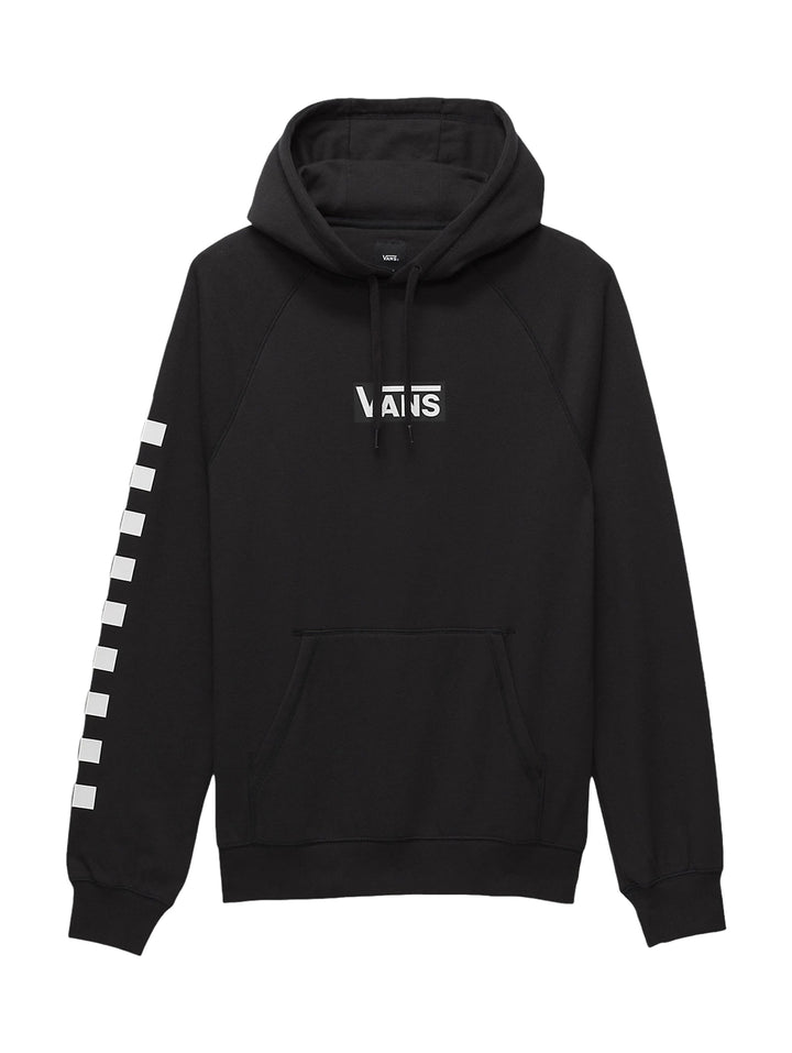 Sudadera con capucha color negro con estampado de cuadros blancos en la manga y logo VANS en el pecho.