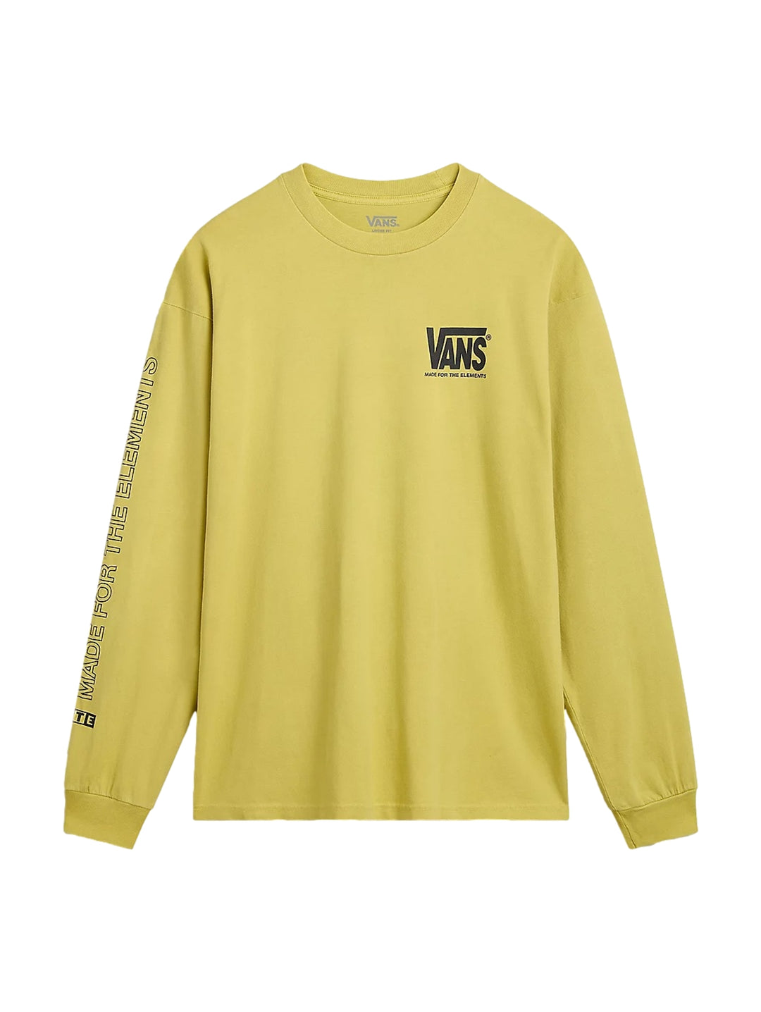 Hombre vistiendo camiseta de manga larga color oliva con logotipos de VANS en negro.