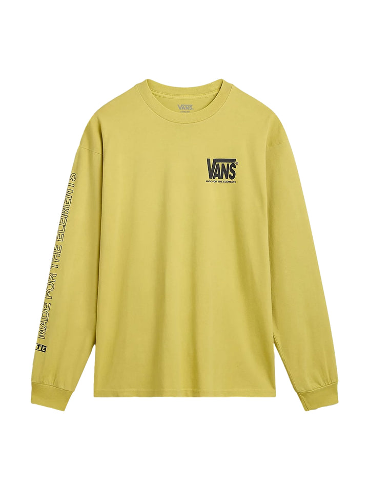 Hombre vistiendo camiseta de manga larga color oliva con logotipos de VANS en negro.