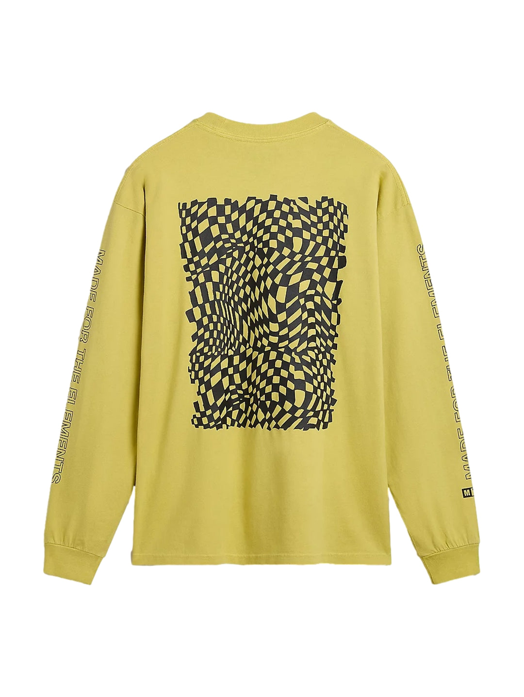 Hombre vistiendo camiseta de manga larga color oliva con logotipos de VANS en negro.