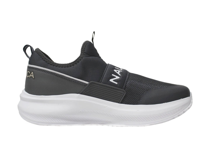 Tenis deportivos Nautica color gris oxford con suela blanca y diseño slip-on.