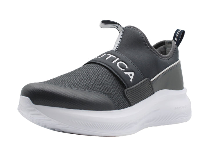 Tenis deportivos Nautica color gris oxford con suela blanca y diseño slip-on.