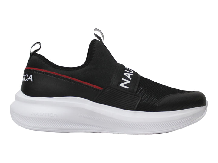 Tenis deportivos Nautica color negro con suela blanca y detalle rojo, estilo slip-on.