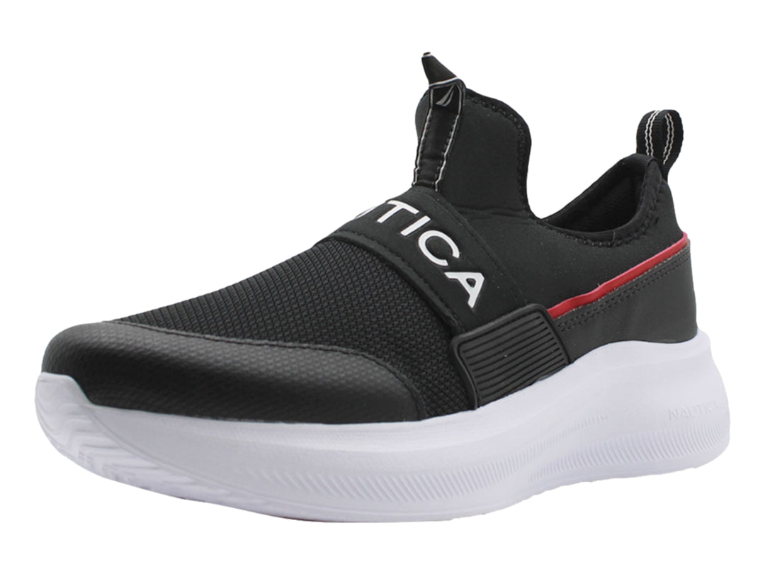 Tenis deportivos Nautica color negro con suela blanca y detalle rojo, estilo slip-on.