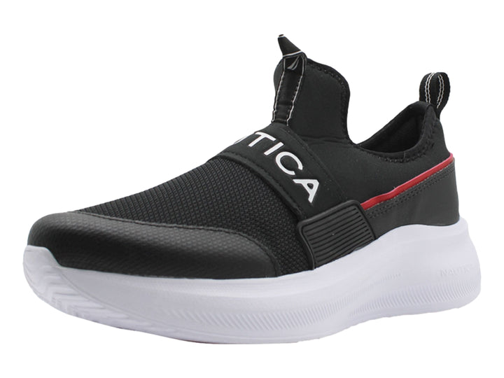 Tenis deportivos Nautica color negro con suela blanca y detalle rojo, estilo slip-on.