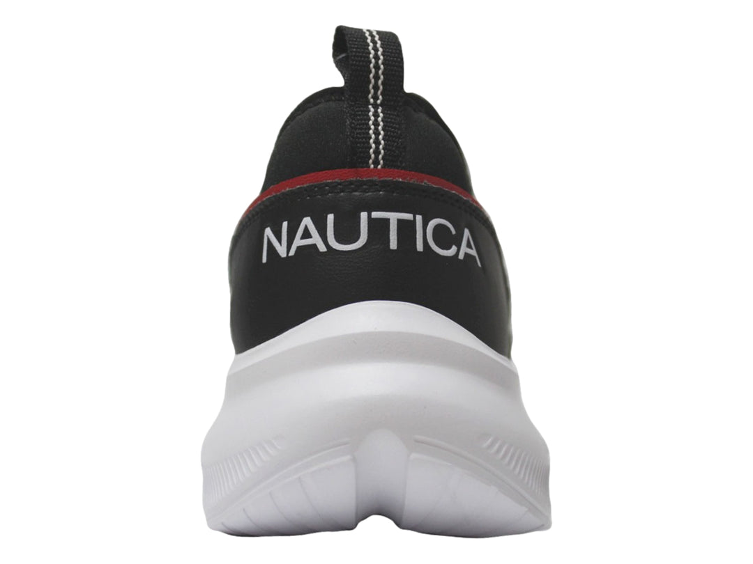 Tenis deportivos Nautica color negro con suela blanca y detalle rojo, estilo slip-on.