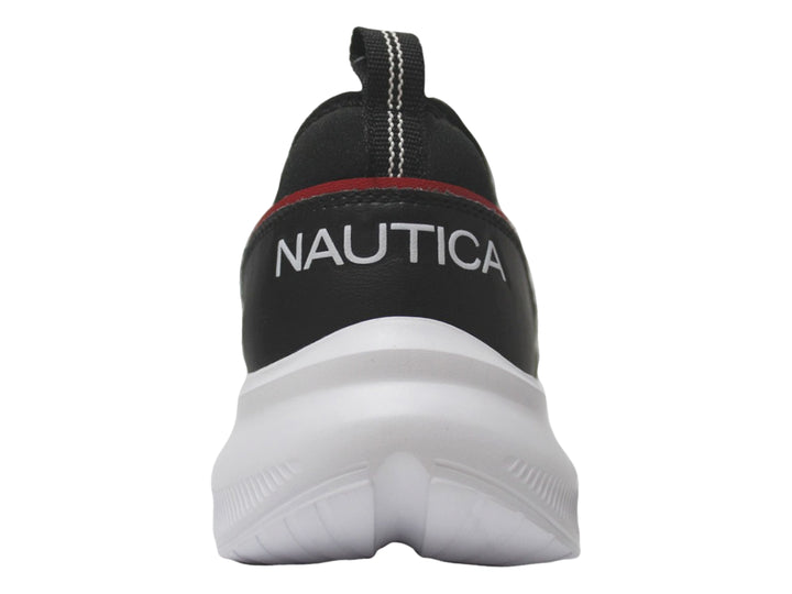Tenis deportivos Nautica color negro con suela blanca y detalle rojo, estilo slip-on.