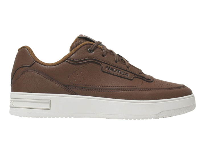 Tenis Nautica color café cognac con suela blanca y agujetas a juego.
