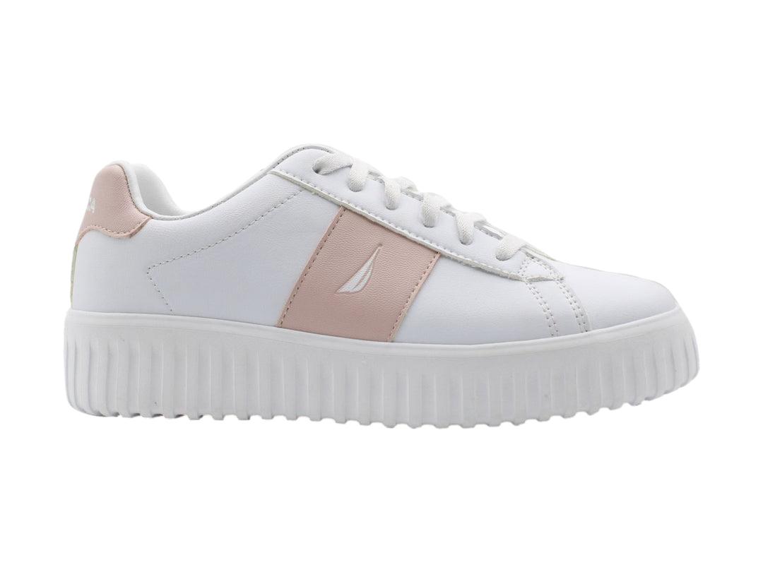 Tenis blancos de plataforma con detalle en color rosa palo y suela dentada.