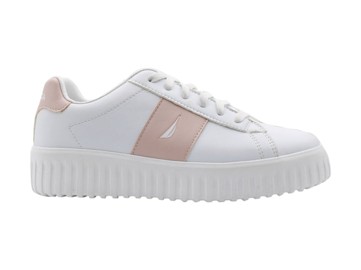 Tenis blancos de plataforma con detalle en color rosa palo y suela dentada.