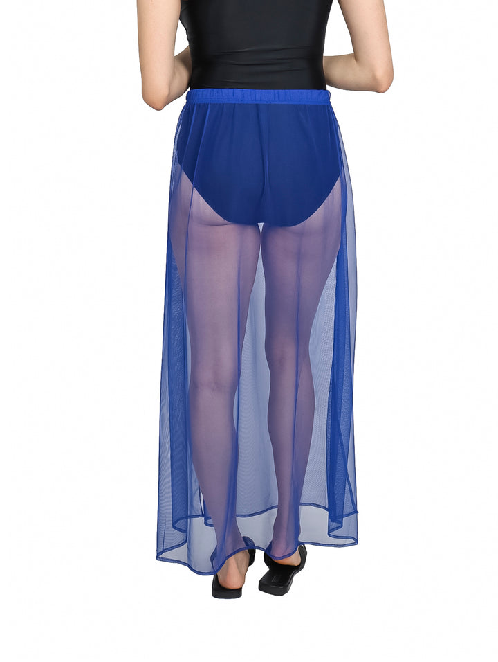 Falda larga de malla en color azul royal para mujer, ideal para usar sobre trajes de baño.