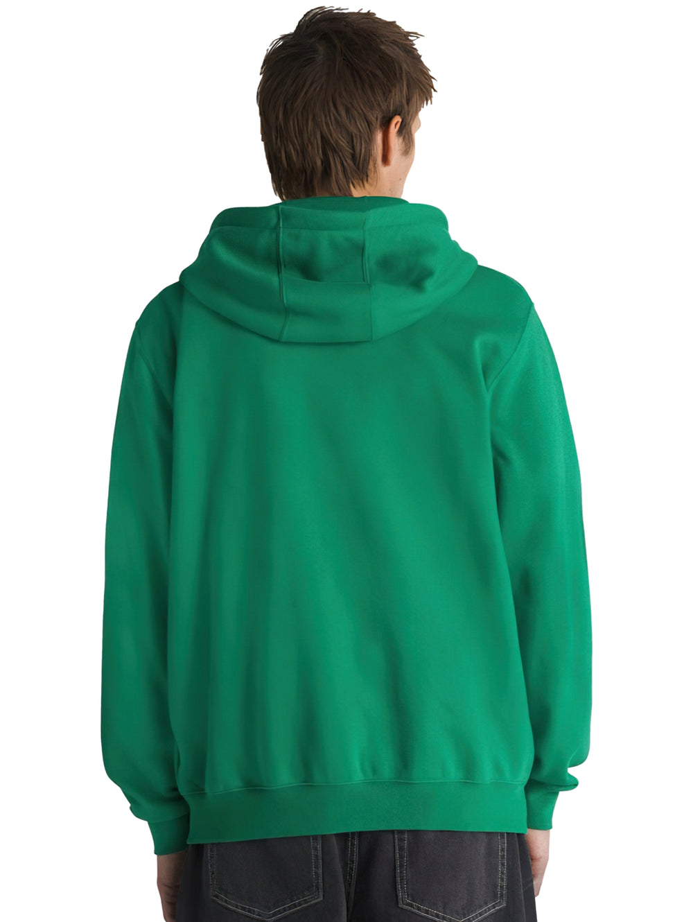 Hombre usando sudadera verde con capucha y cierre frontal de la marca Vans.