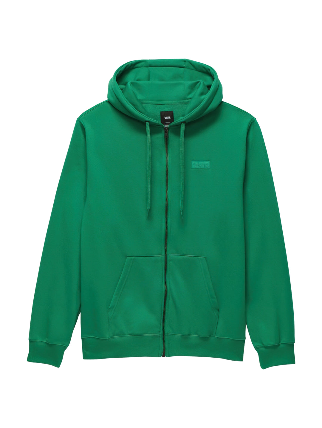 Hombre usando sudadera verde con capucha y cierre frontal de la marca Vans.