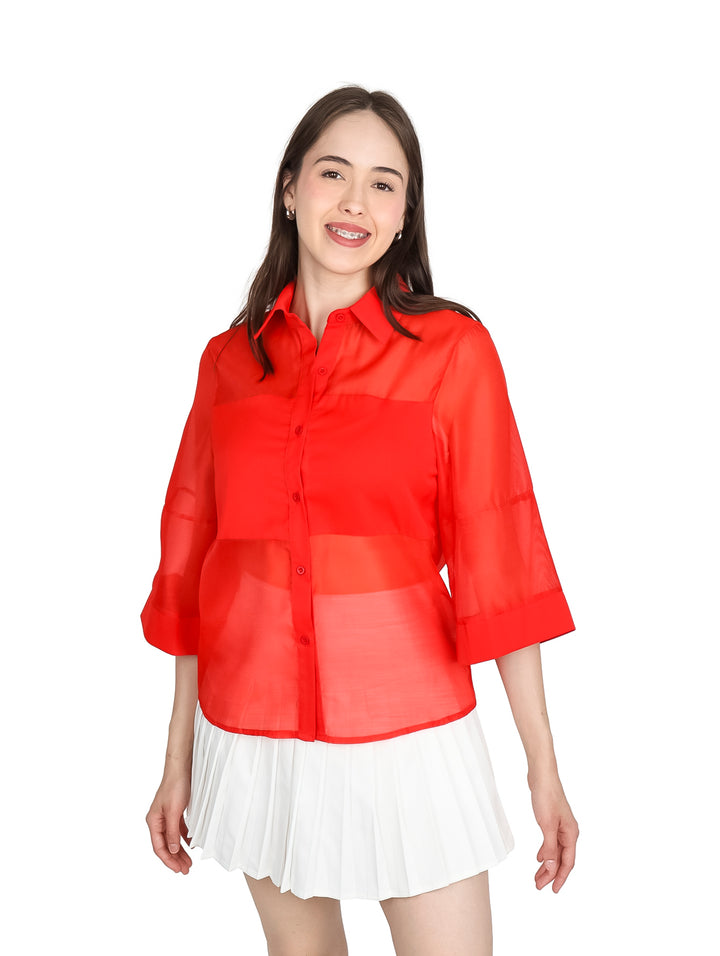 Blusa de Organza Manga Kimono ATOK Rojo para Mujer