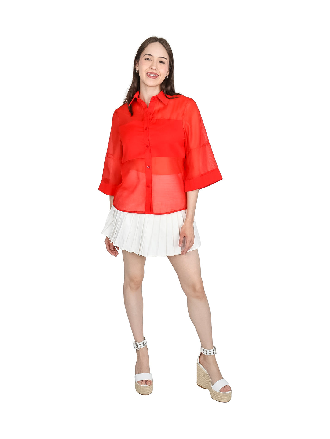 Blusa de Organza Manga Kimono ATOK Rojo para Mujer
