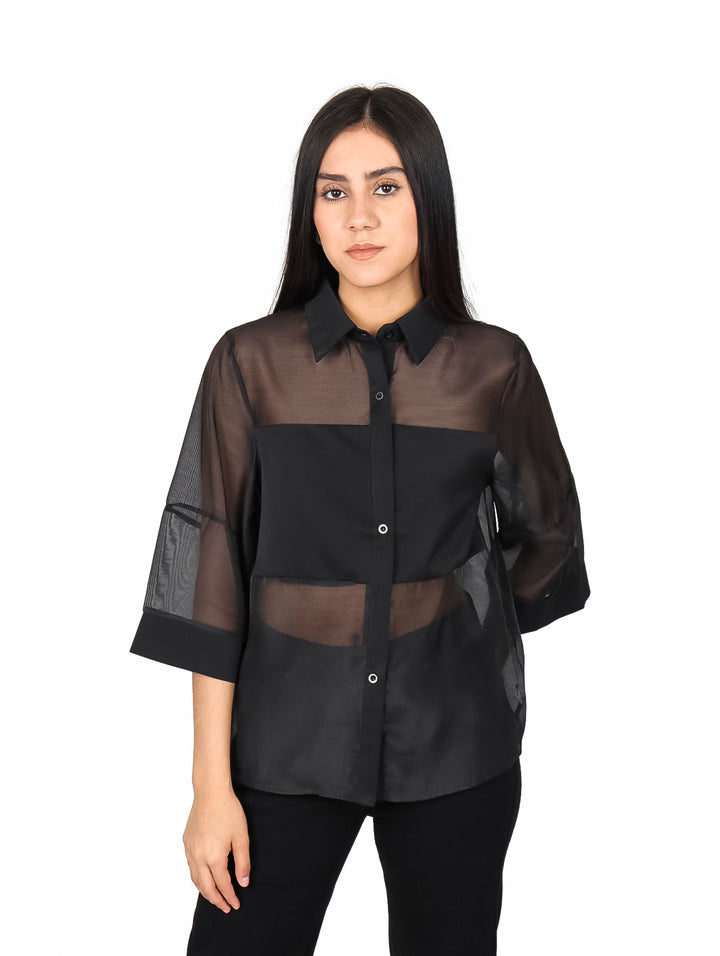 Blusa ATOK de Organza Manga Kimono Negro para Mujer