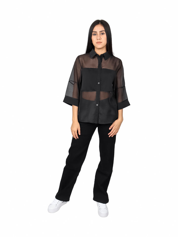 Blusa ATOK de Organza Manga Kimono Negro para Mujer