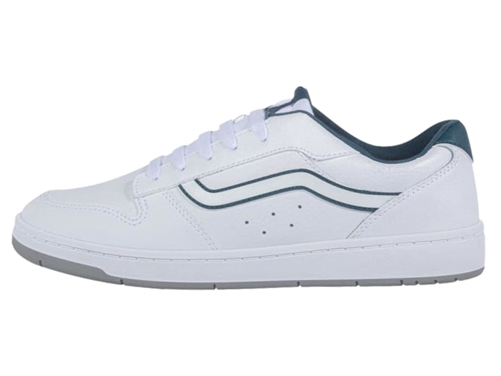 Tenis VANS blancos con detalles en verde oscuro y suela gris, diseño deportivo casual.