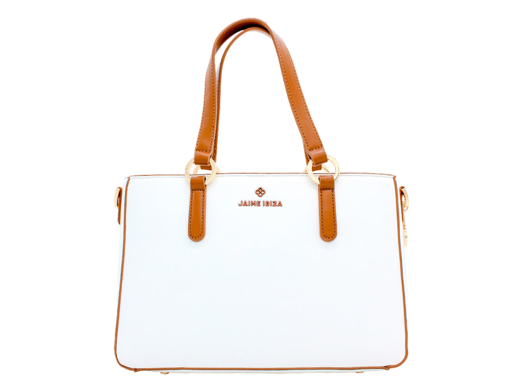 Bolsa de hombro Jaime Ibiza color blanco con asas y detalles en color marrón y herrajes dorados.