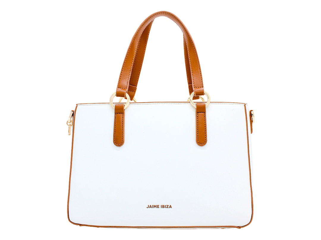 Bolsa de hombro Jaime Ibiza color blanco con asas y detalles en color marrón y herrajes dorados.