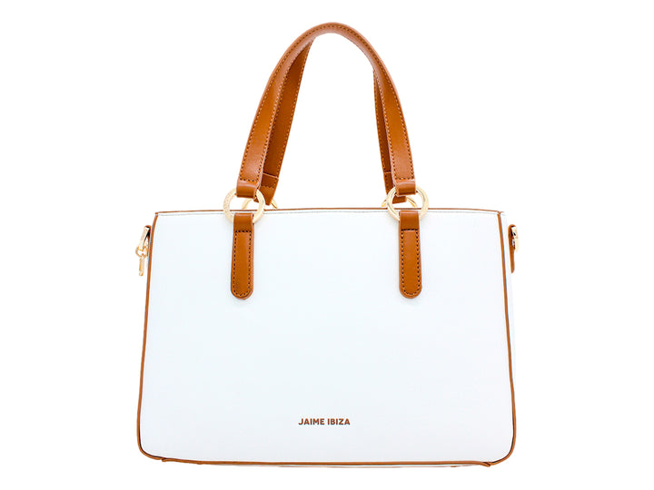 Bolsa de hombro Jaime Ibiza color blanco con asas y detalles en color marrón y herrajes dorados.