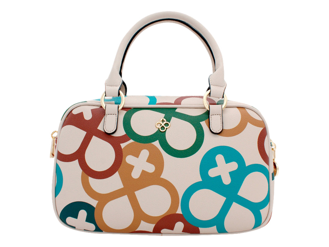 Bolsa Jaime Ibiza multicolor con estampado de figuras geométricas en tonos crema, verde, café y azul.
