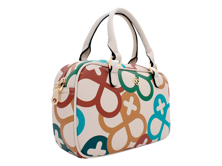 Bolsa Jaime Ibiza multicolor con estampado de figuras geométricas en tonos crema, verde, café y azul.