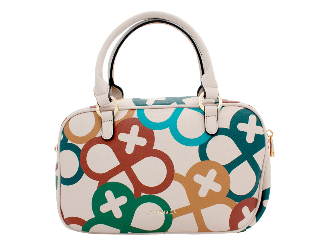Bolsa Jaime Ibiza multicolor con estampado de figuras geométricas en tonos crema, verde, café y azul.