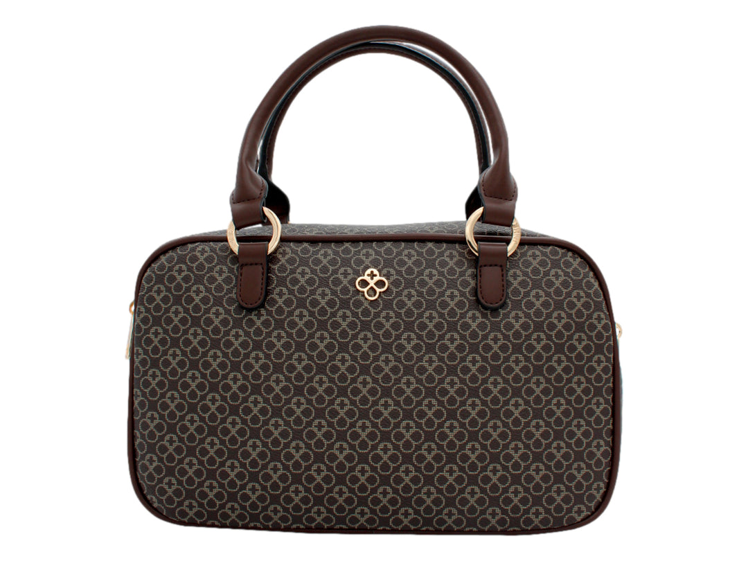 Bolso de mano pequeño Jaime Ibiza color chocolate con estampado monograma y detalles en dorado.