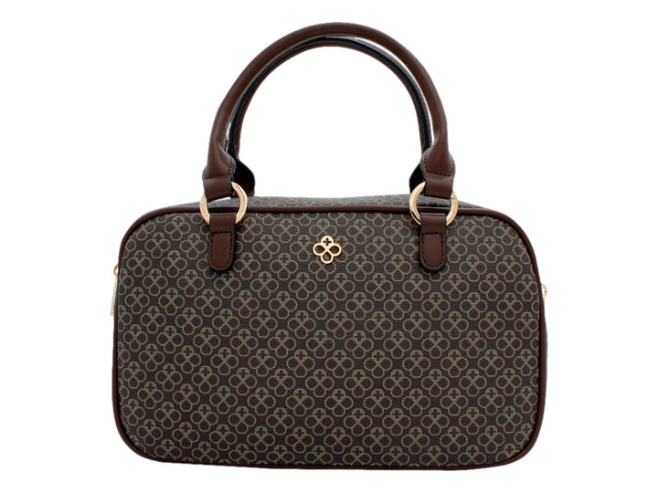 Bolso de mano pequeño Jaime Ibiza color chocolate con estampado monograma y detalles en dorado.