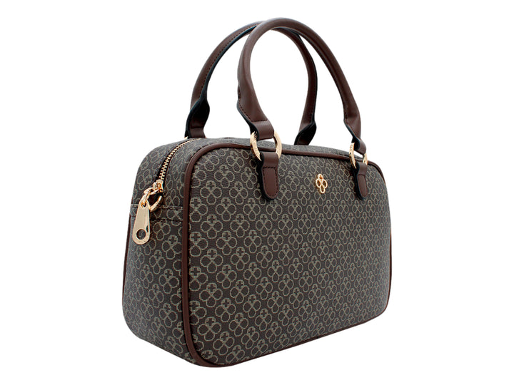 Bolso de mano pequeño Jaime Ibiza color chocolate con estampado monograma y detalles en dorado.