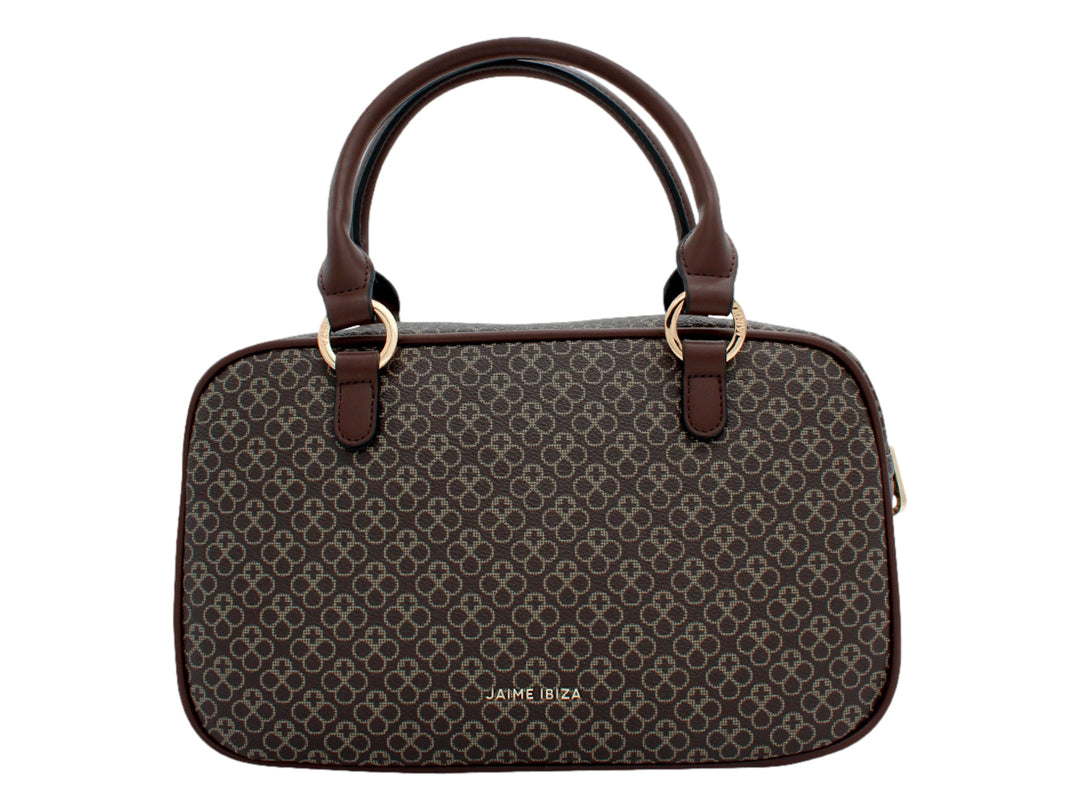 Bolso de mano pequeño Jaime Ibiza color chocolate con estampado monograma y detalles en dorado.