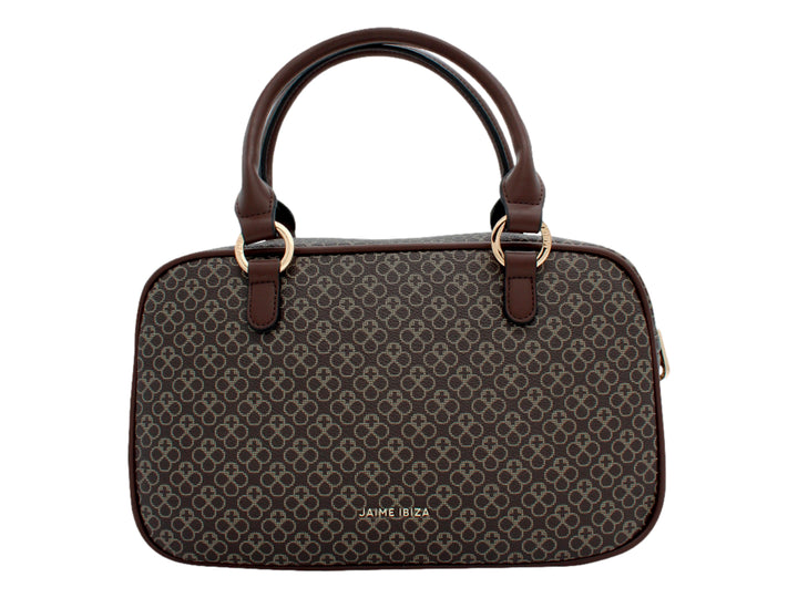 Bolso de mano pequeño Jaime Ibiza color chocolate con estampado monograma y detalles en dorado.