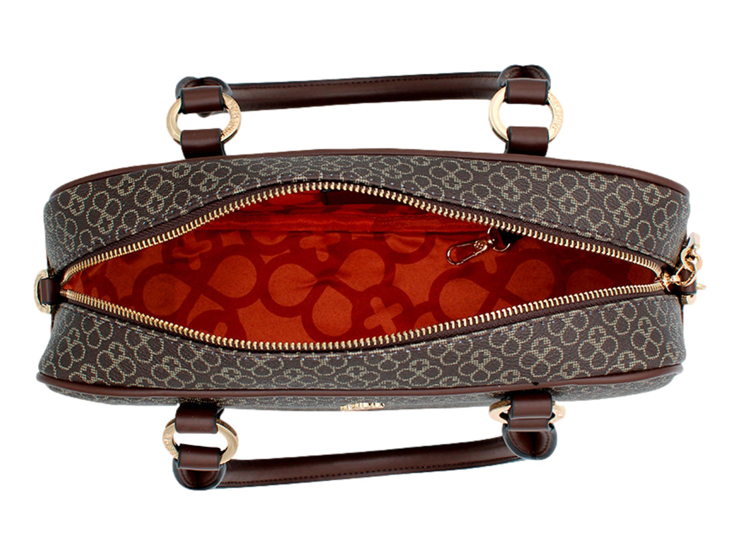 Bolso de mano pequeño Jaime Ibiza color chocolate con estampado monograma y detalles en dorado.