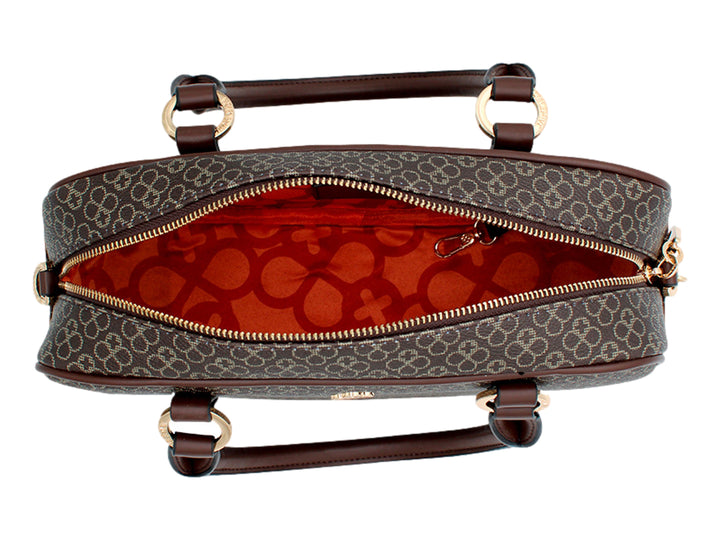 Bolso de mano pequeño Jaime Ibiza color chocolate con estampado monograma y detalles en dorado.