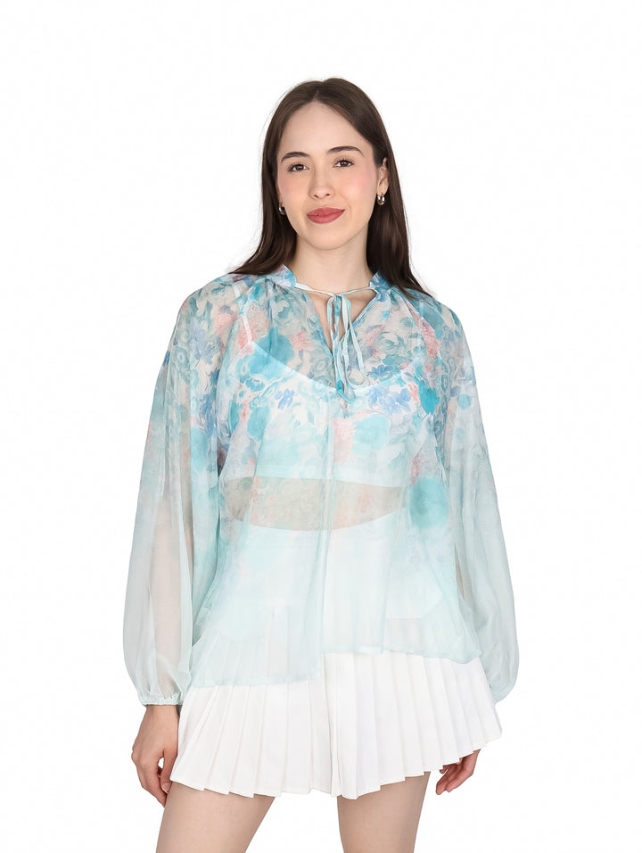 Blusa ATOK de Gasa Estampada Azul para Mujer
