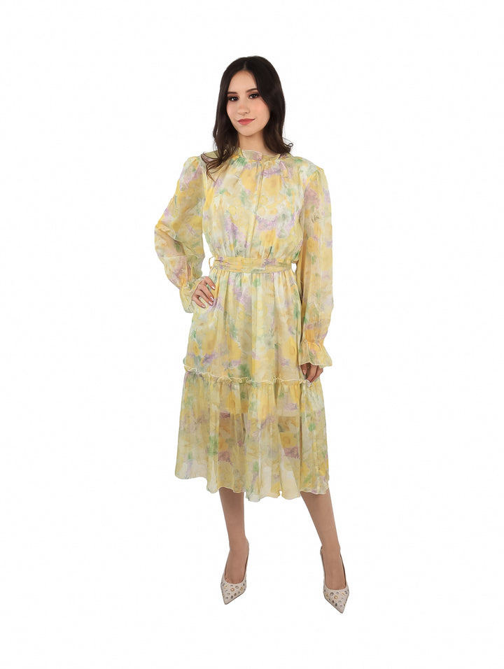 Vestido midi amarillo para mujer con estampado multicolor y mangas largas.