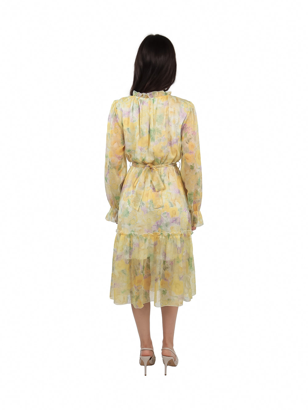 Vestido midi amarillo para mujer con estampado multicolor y mangas largas.
