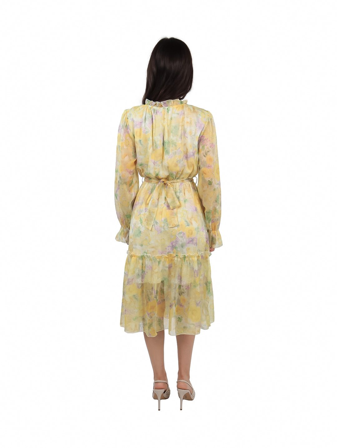 Vestido midi amarillo para mujer con estampado multicolor y mangas largas.