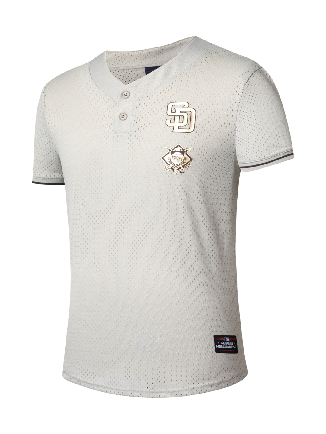 Jersey de béisbol color gris con logo SD y detalles en negro.