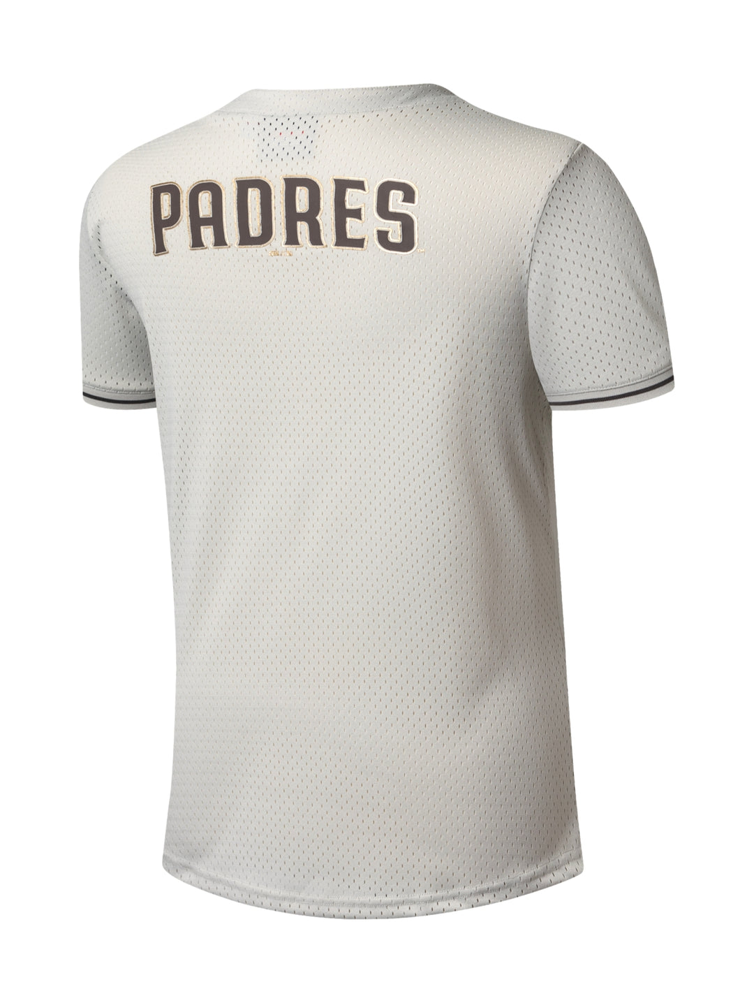 Jersey de béisbol color gris con logo SD y detalles en negro.