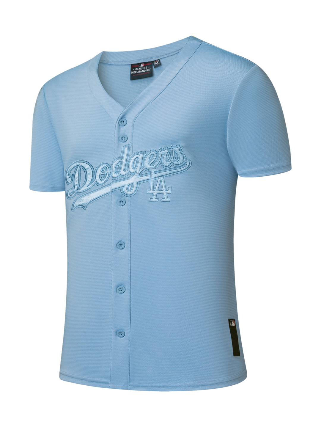 Jersey de béisbol color azul con botones frontales y logotipo de los Dodgers en el pecho.