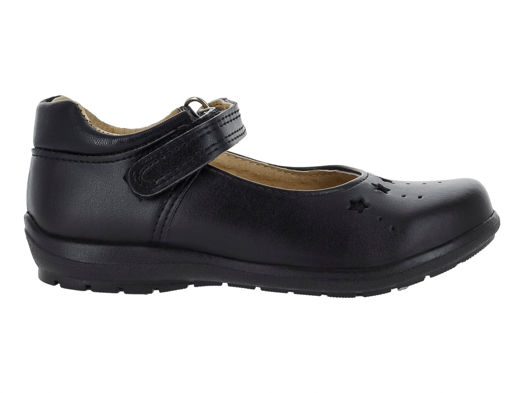 Zapato escolar negro para niño o niña con correa de ajuste y detalles de estrellas perforadas.